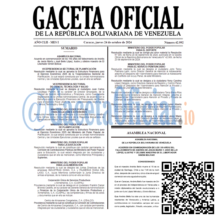 Venezuela Gaceta Oficial 42992 del 24 octubre 2024 Gaceta Oficial, Gaceta 42992, Gaceta 42992 HD, Gaceta #42992, Gaceta Oficial Venezuela #42992