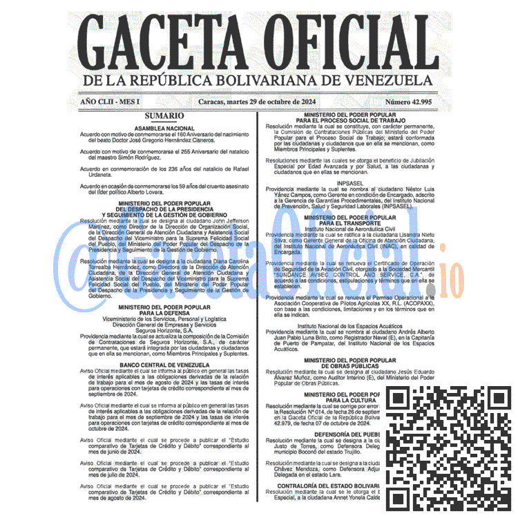 Venezuela Gaceta Oficial 42995 del 29 octubre 2024 Gaceta Oficial, Gaceta 42995, Gaceta 42995 HD, Gaceta #42995, Gaceta Oficial Venezuela #42995
