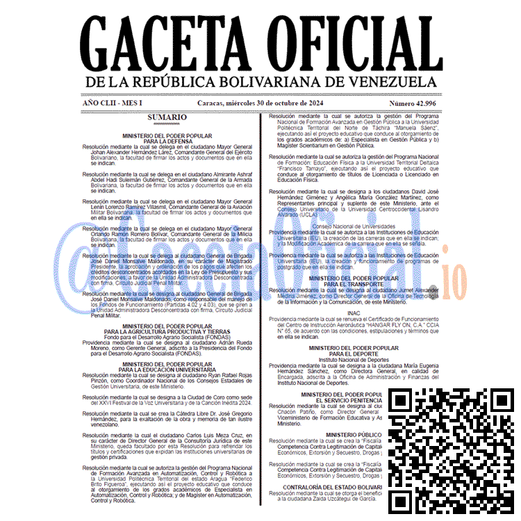 Venezuela Gaceta Oficial 42996 del 30 octubre 2024 Gaceta Oficial, Gaceta 42996, Gaceta 42996 HD, Gaceta #42996, Gaceta Oficial Venezuela #42996