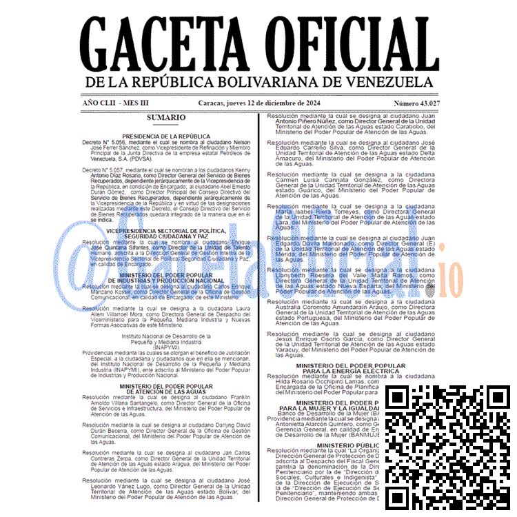 Venezuela Gaceta Oficial 43027 del 12 diciembre 2027 Gaceta Oficial, Gaceta 43027, Gaceta 43027 HD, Gaceta #43027, Gaceta Oficial Venezuela #43027