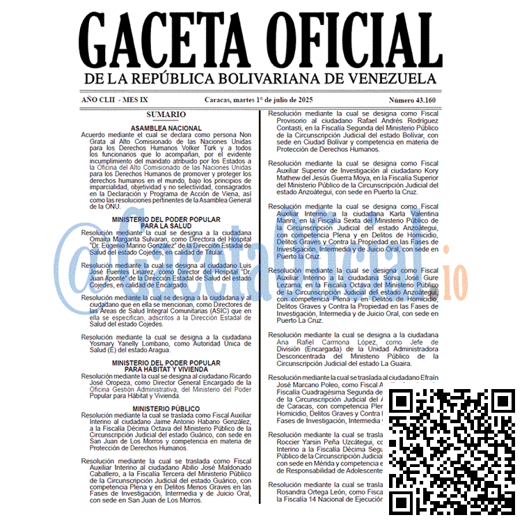 Venezuela Gaceta Oficial 43160 del 1 julio 2025 Gaceta Oficial, Gaceta 43160, Gaceta 43160 HD, Gaceta #43160, Gaceta Oficial Venezuela #43160