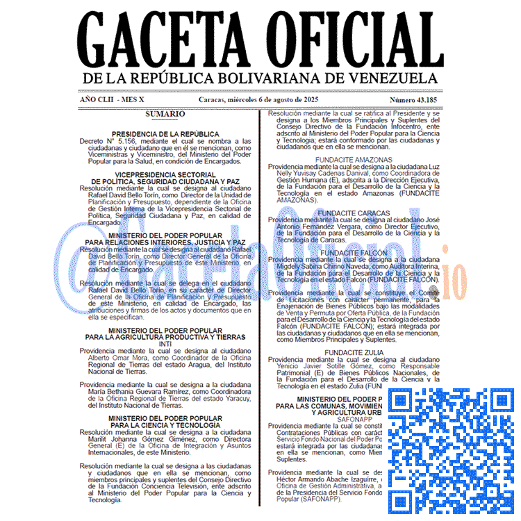 Venezuela Gaceta Oficial 43185 del 6 agosto 2025 Gaceta Oficial, Gaceta 43185, Gaceta 43185 HD, Gaceta #43185, Gaceta Oficial Venezuela #43185