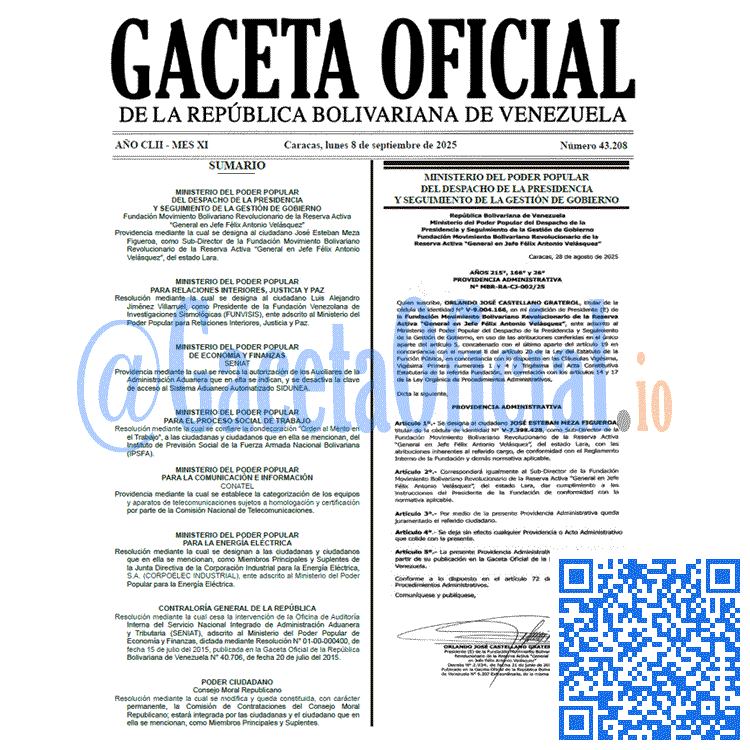 Venezuela Gaceta Oficial 43208 del 8 septiembre 2025 Gaceta Oficial, Gaceta 43208, Gaceta 43208 HD, Gaceta #43208, Gaceta Oficial Venezuela #43208