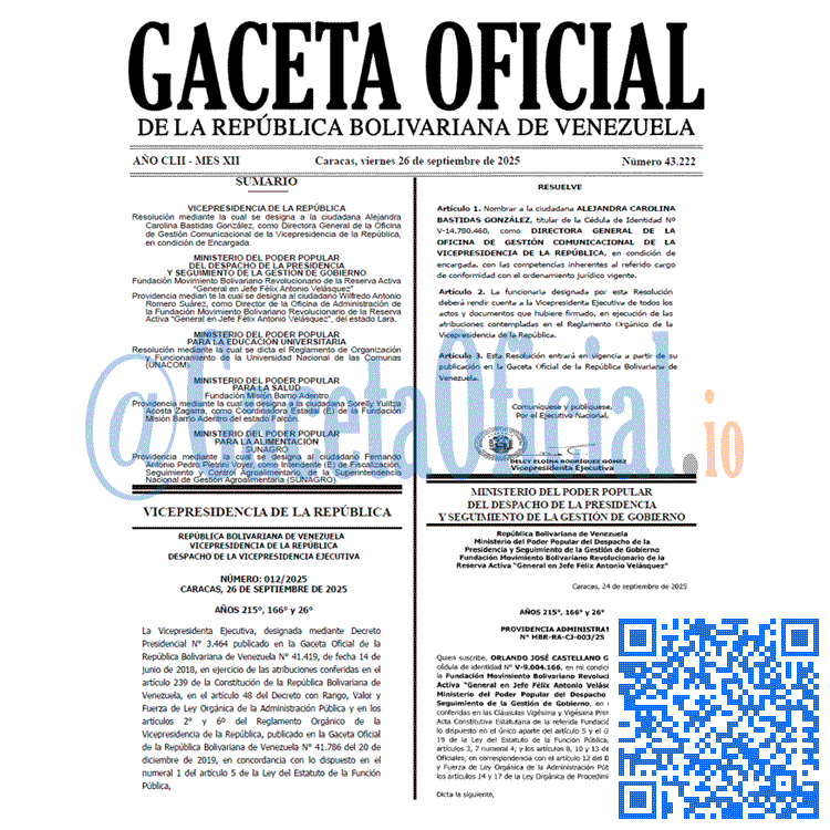 Venezuela Gaceta Oficial 43222 del 26 septiembre 2025 Gaceta Oficial, Gaceta 43222, Gaceta 43222 HD, Gaceta #43222, Gaceta Oficial Venezuela #43222