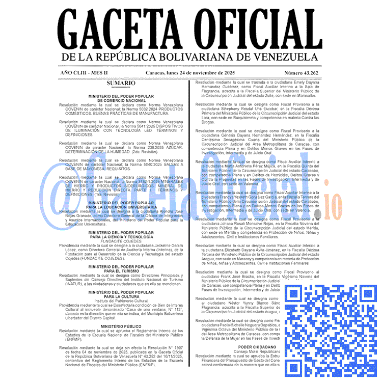 Venezuela Gaceta Oficial 43262 del 24 noviembre 2025 Gaceta Oficial, Gaceta 43262, Gaceta 43262 HD, Gaceta #43262, Gaceta Oficial Venezuela #43262