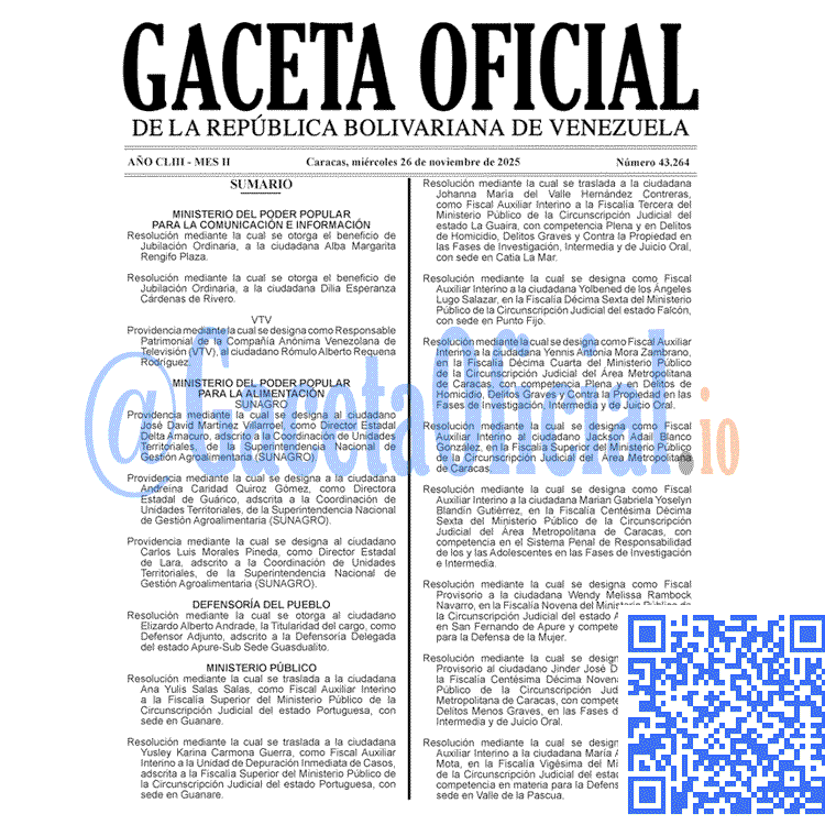 Venezuela Gaceta Oficial 43264 del 26 noviembre 2025 Gaceta Oficial, Gaceta 43264, Gaceta 43264 HD, Gaceta #43264, Gaceta Oficial Venezuela #43264