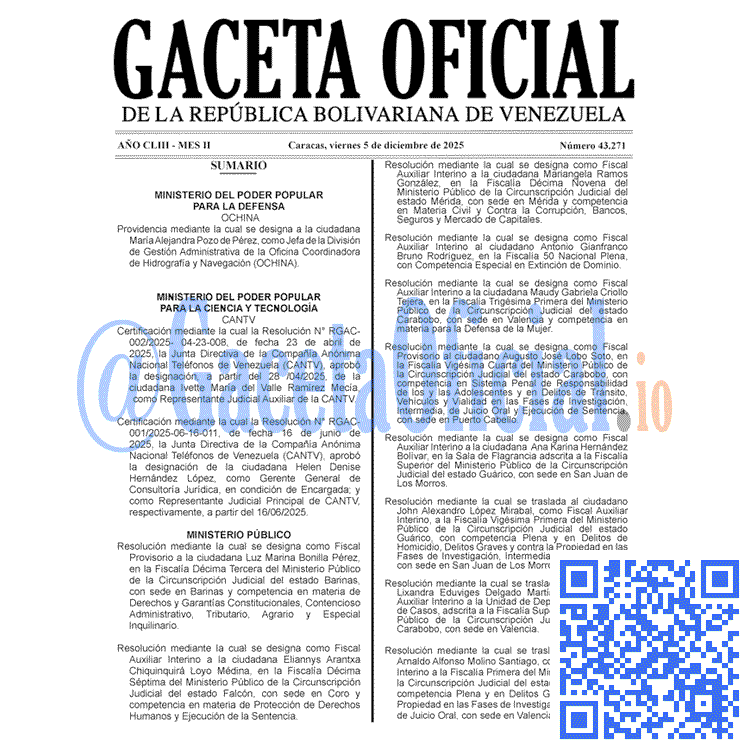 Venezuela Gaceta Oficial 43271 del 5 diciembre 2025 Gaceta Oficial, Gaceta 43271, Gaceta 43271 HD, Gaceta #43271, Gaceta Oficial Venezuela #43271