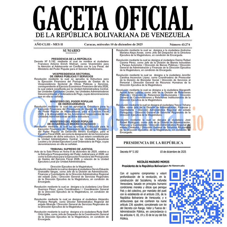 Venezuela Gaceta Oficial 43274 del 10 diciembre 2025 Gaceta Oficial, Gaceta 43274, Gaceta 43274 HD, Gaceta #43274, Gaceta Oficial Venezuela #43274