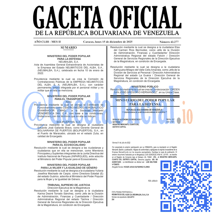 Venezuela Gaceta Oficial 43277 del 15 diciembre 2025 Gaceta Oficial, Gaceta 43277, Gaceta 43277 HD, Gaceta #43277, Gaceta Oficial Venezuela #43277
