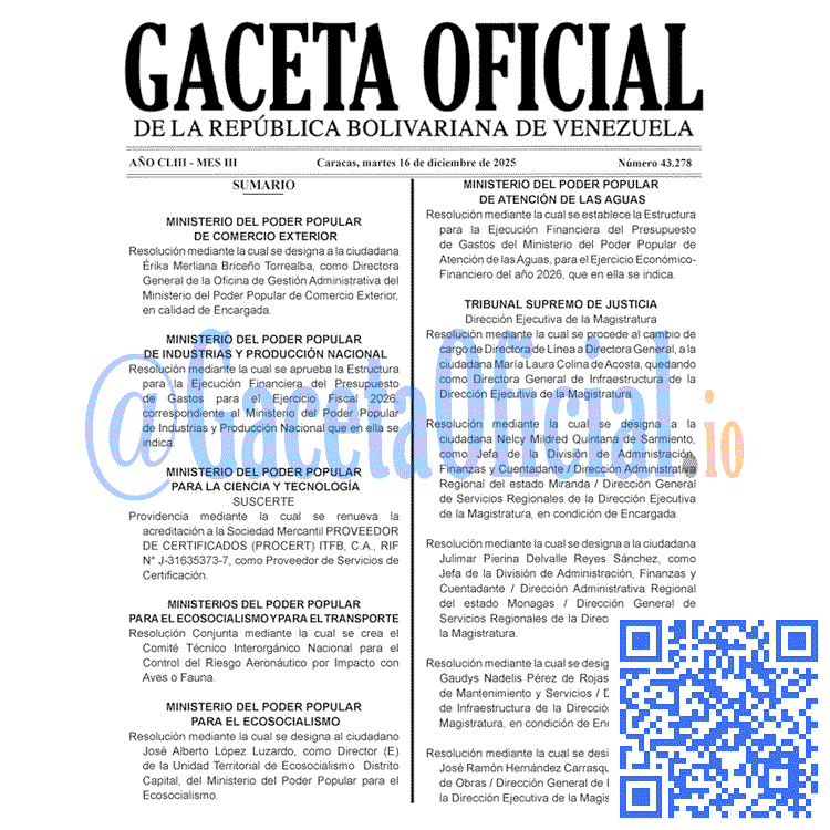 Venezuela Gaceta Oficial 43278 del 16 diciembre 2025 Gaceta Oficial, Gaceta 43278, Gaceta 43278 HD, Gaceta #43278, Gaceta Oficial Venezuela #43278