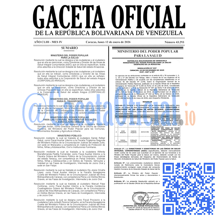 Venezuela Gaceta Oficial 43293 del 12 enero 2026 Gaceta Oficial, Gaceta 43293, Gaceta 43293 HD, Gaceta #43293, Gaceta Oficial Venezuela #43293