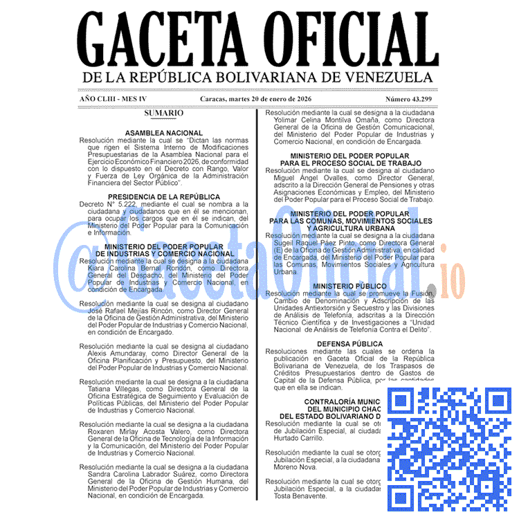 Venezuela Gaceta Oficial 43299 del 20 enero 2026 Gaceta Oficial, Gaceta 43299, Gaceta 43299 HD, Gaceta #43299, Gaceta Oficial Venezuela #43299