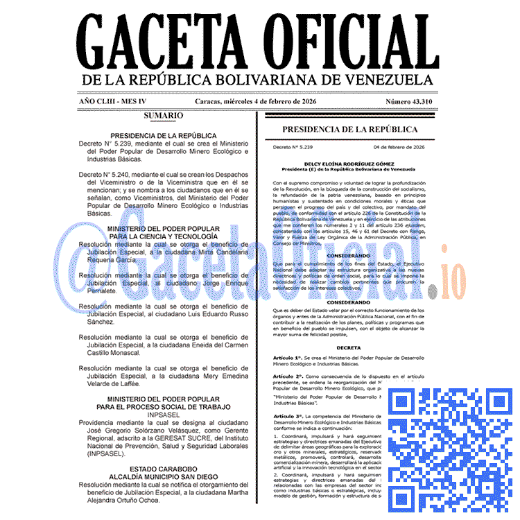 Venezuela Gaceta Oficial 43310 del 4 febrero 2026 Gaceta Oficial, Gaceta 43310, Gaceta 43310 HD, Gaceta #43310, Gaceta Oficial Venezuela #43310