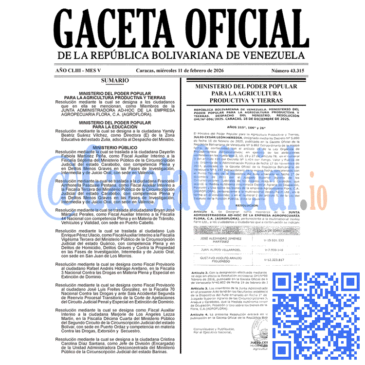 Venezuela Gaceta Oficial 43315 del 11 febrero 2026 Gaceta Oficial, Gaceta 43315, Gaceta 43315 HD, Gaceta #43315, Gaceta Oficial Venezuela #43315
