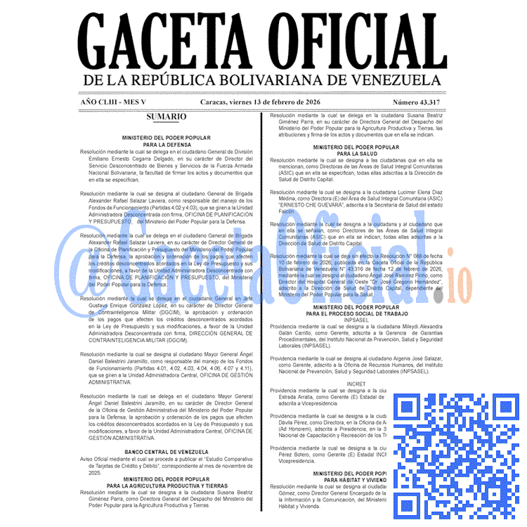 Venezuela Gaceta Oficial 43317 del 13 febrero 2026 Gaceta Oficial, Gaceta 43317, Gaceta 43317 HD, Gaceta #43317, Gaceta Oficial Venezuela #43317