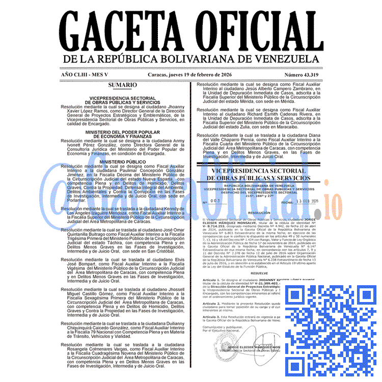 Venezuela Gaceta Oficial 43319 del 19 febrero 2026 Gaceta Oficial, Gaceta 43319, Gaceta 43319 HD, Gaceta #43319, Gaceta Oficial Venezuela #43319