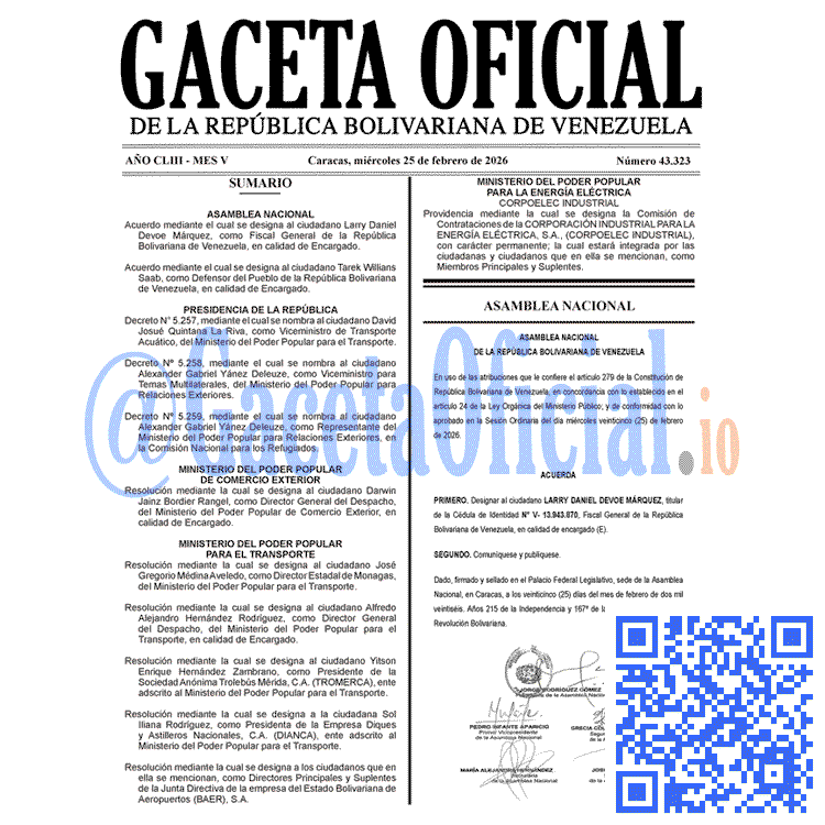 Venezuela Gaceta Oficial 43323 del 25 febrero 2026 Gaceta Oficial, Gaceta 43323, Gaceta 43323 HD, Gaceta #43323, Gaceta Oficial Venezuela #43323
