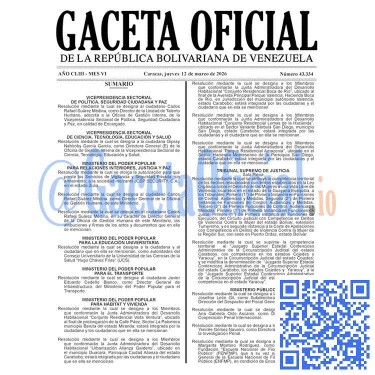 Gaceta Oficial, Gaceta 43334, Gaceta 43334 HD, Gaceta #43334, Gaceta Oficial Venezuela #43334
