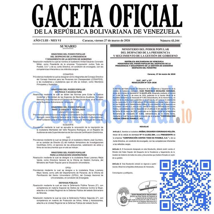 Venezuela Gaceta Oficial 43344 del 27 marzo 2026 Gaceta Oficial, Gaceta 43344, Gaceta 43344 HD, Gaceta #43344, Gaceta Oficial Venezuela #43344