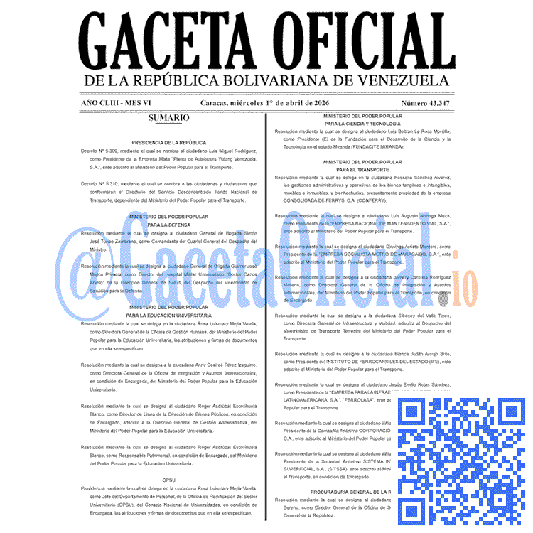 Gaceta Oficial, Gaceta 43347, Gaceta 43347 HD, Gaceta #43347, Gaceta Oficial Venezuela #43347