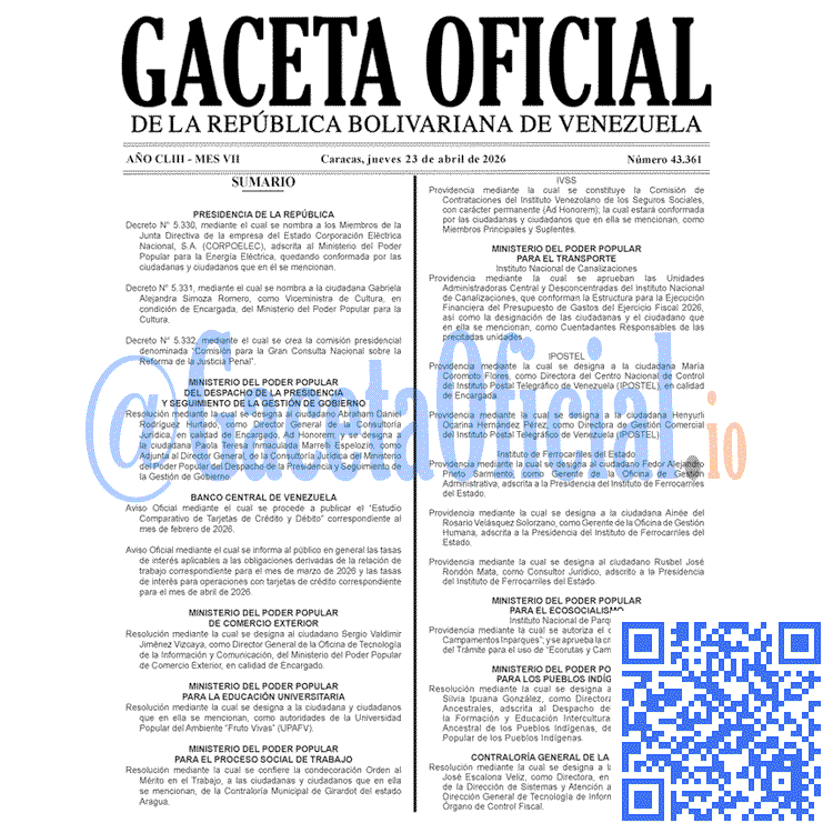 Venezuela Gaceta Oficial 43361 del 23 abril 2026 Gaceta Oficial, Gaceta 43361, Gaceta 43361 HD, Gaceta #43361, Gaceta Oficial Venezuela #43361