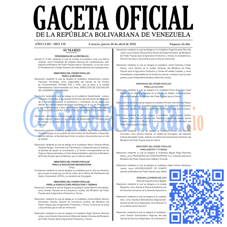 Venezuela Gaceta Oficial 43366 del 30 abril 2026 Gaceta Oficial, Gaceta 43366, Gaceta 43366 HD, Gaceta #43366, Gaceta Oficial Venezuela #43366