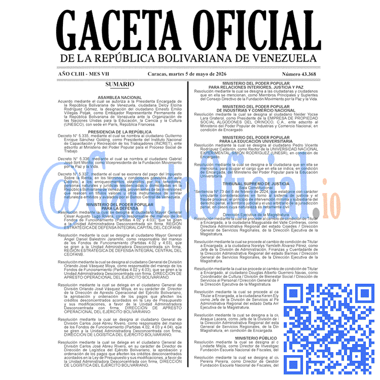 Venezuela Gaceta Oficial 43368 del 5 mayo 2026 Gaceta Oficial, Gaceta 43368, Gaceta 43368 HD, Gaceta #43368, Gaceta Oficial Venezuela #43368