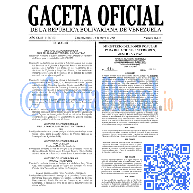 Venezuela Gaceta Oficial 43375 del 14 mayo 2026 Gaceta Oficial, Gaceta 43375, Gaceta 43375 HD, Gaceta #43375, Gaceta Oficial Venezuela #43375