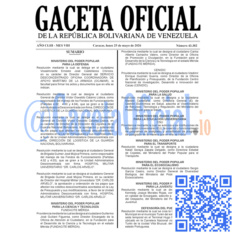 Venezuela Gaceta Oficial 43382 del 25 mayo 2026 Gaceta Oficial, Gaceta 43382, Gaceta 43382 HD, Gaceta #43382, Gaceta Oficial Venezuela #43382