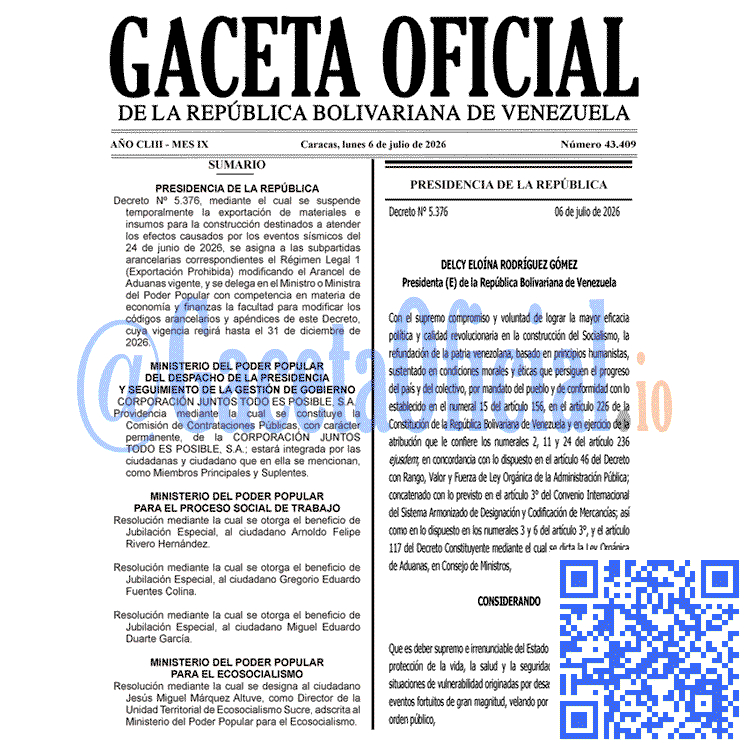 Venezuela Gaceta Oficial #43409 del 6 julio 2026 Gaceta Oficial, Gaceta 43409, Gaceta 43409 HD, Gaceta #43409, Gaceta Oficial Venezuela #43409