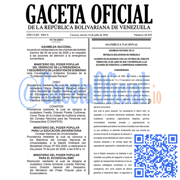 Venezuela Gaceta Oficial #43415 del 14 julio 2026 Gaceta Oficial, Gaceta 43415, Gaceta 43415 HD, Gaceta #43415, Gaceta Oficial Venezuela #43415