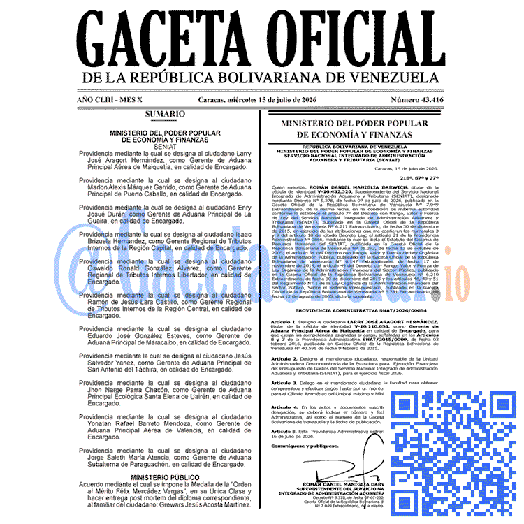 Venezuela Gaceta Oficial #43416 del 15 julio 2026 Gaceta Oficial, Gaceta 43416, Gaceta 43416 HD, Gaceta #43416, Gaceta Oficial Venezuela #43416
