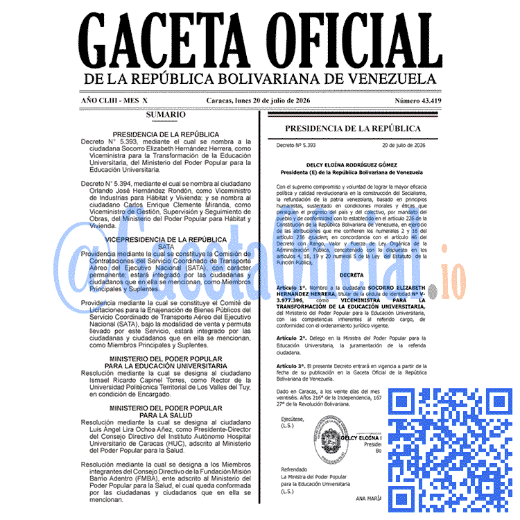 Venezuela Gaceta Oficial 43419 del 20 julio 2026 Gaceta Oficial, Gaceta 43419, Gaceta 43419 HD, Gaceta #43419, Gaceta Oficial Venezuela #43419