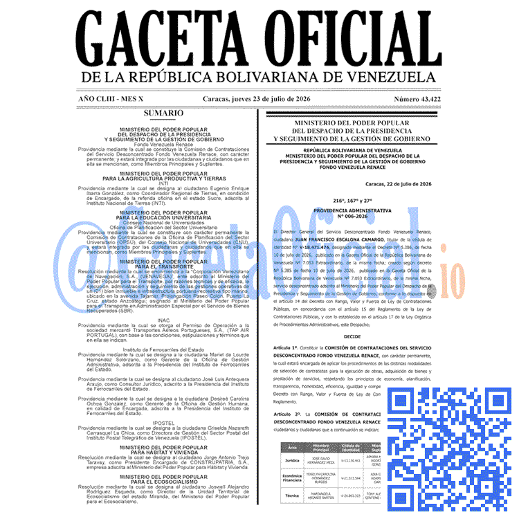 Venezuela Gaceta Oficial 43422 del 23 julio 2026 Gaceta Oficial, Gaceta 43422, Gaceta 43422 HD, Gaceta #43422, Gaceta Oficial Venezuela #43422