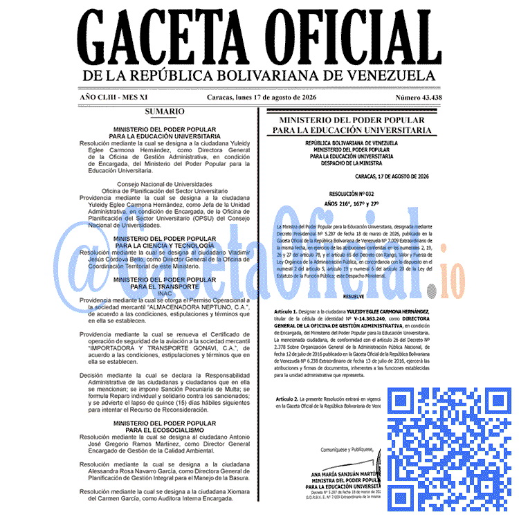 Venezuela Gaceta Oficial 43438 del 17 agosto 2026 Gaceta Oficial, Gaceta 43438, Gaceta 43438 HD, Gaceta #43438, Gaceta Oficial Venezuela #43438