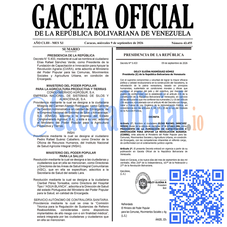 Venezuela Gaceta Oficial 43455 del 9 septiembre 2026 Gaceta Oficial, Gaceta 43455, Gaceta 43455 HD, Gaceta #43455, Gaceta Oficial Venezuela #43455