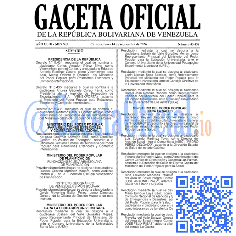 Venezuela Gaceta Oficial 43458 del 14 septiembre 2026 Gaceta Oficial, Gaceta 43458, Gaceta 43458 HD, Gaceta #43458, Gaceta Oficial Venezuela #43458