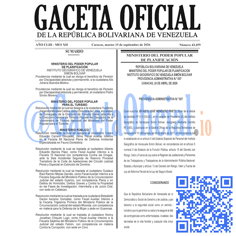 Venezuela Gaceta Oficial 43459 del 15 septiembre 2026 Gaceta Oficial, Gaceta 43459, Gaceta 43459 HD, Gaceta #43459, Gaceta Oficial Venezuela #43459