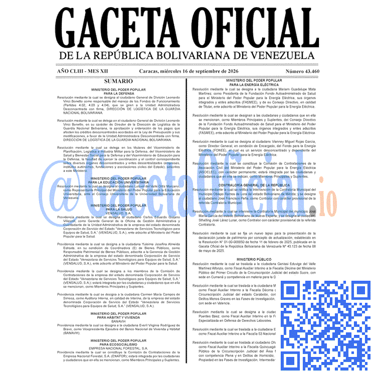Venezuela Gaceta Oficial 43460 del 16 septiembre 2026 Gaceta Oficial, Gaceta 43460, Gaceta 43460 HD, Gaceta #43460, Gaceta Oficial Venezuela #43460