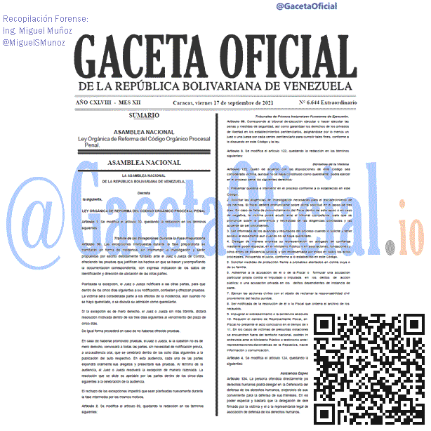 Gaceta Oficial de Venezuela #6644 del viernes 17 septiembre 2021 Gaceta Oficial 6644 del 17 septiembre 2021