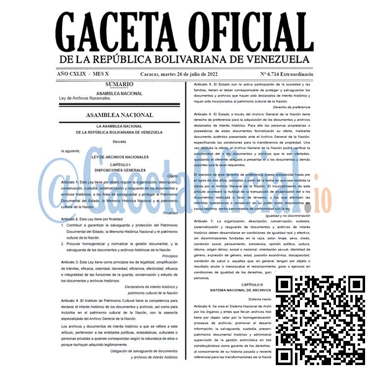 Venezuela Gaceta Oficial 6714 del 26 julio 2022