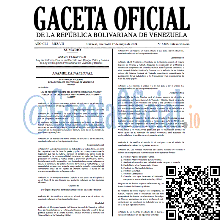 Venezuela Gaceta Oficial 6805 del 1 mayo 2024: Ley de Reforma Parcial del Decreto con Rango, Valor y Fuerza de Ley del Régimen Prestacional de Vivienda y Hábitat. Gaceta Oficial, Gaceta 6805, Gaceta 6805 HD, Gaceta #6805, Gaceta Oficial Venezuela #6805