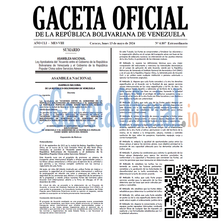 Venezuela Gaceta Oficial 6807 del 13 mayo 2024: Ley Aprobatoria del Acuerdo entre el Gobierno de la República Bolivariana de Venezuela y el Gobierno de la República Popular China sobre Servicios Aéreos Gaceta Oficial, Gaceta 6807, Gaceta 6807 HD, Gaceta #6807, Gaceta Oficial Venezuela #6807