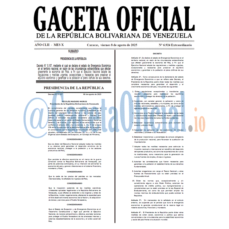 Venezuela Gaceta Oficial 6924 del 8 agosto 2025 Gaceta Oficial, Gaceta 6924, Gaceta 6924 HD, Gaceta #6924, Gaceta Oficial Venezuela #6924