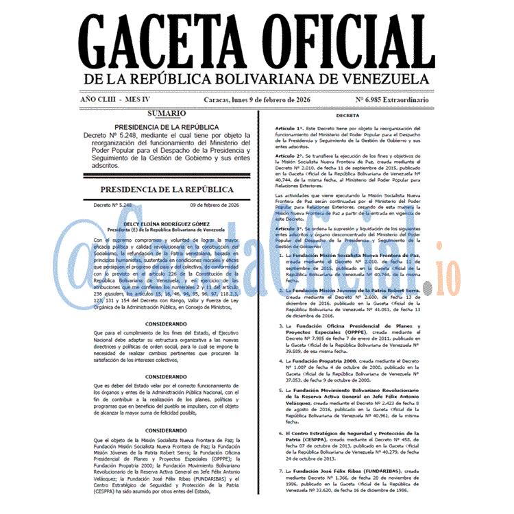 Venezuela Gaceta Oficial 6985 del 9 febrero 2026 Gaceta Oficial, Gaceta 6985, Gaceta 6985 HD, Gaceta #6985, Gaceta Oficial Venezuela #6985