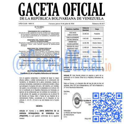 Gaceta Oficial Venezuela #43417 jueves 16 julio 2026