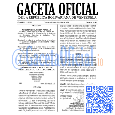 Gaceta Oficial Venezuela #43411 miércoles 8 julio 2026