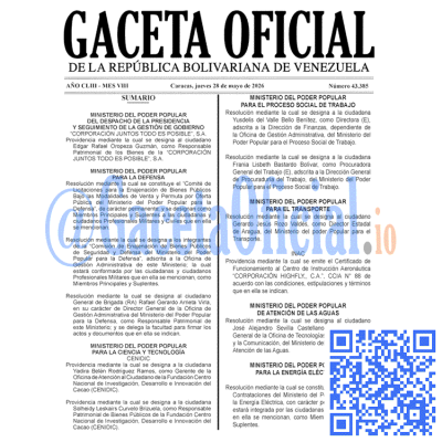 Gaceta Oficial Venezuela #43385 jueves 28 mayo 2026