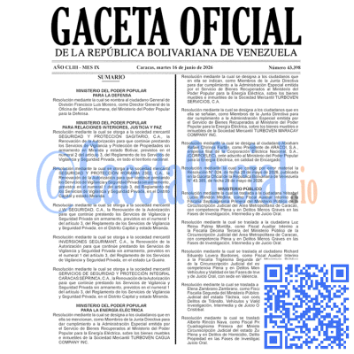 Gaceta Oficial Venezuela #43398 martes 16 junio 2026